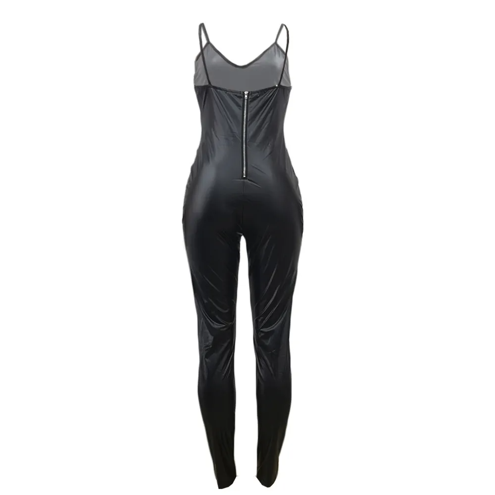 S-XL Sexy PU Leather Sleeveless Tight Sling Jumpsuits