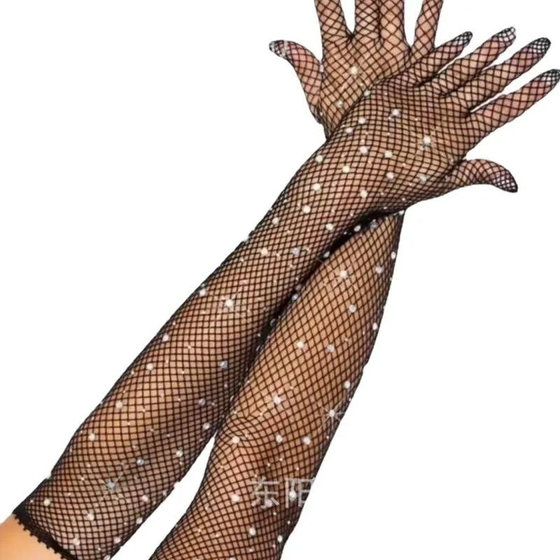 Wholesale Women Fashion Solid Color Mesh Stretch Colored Diamond Gloves