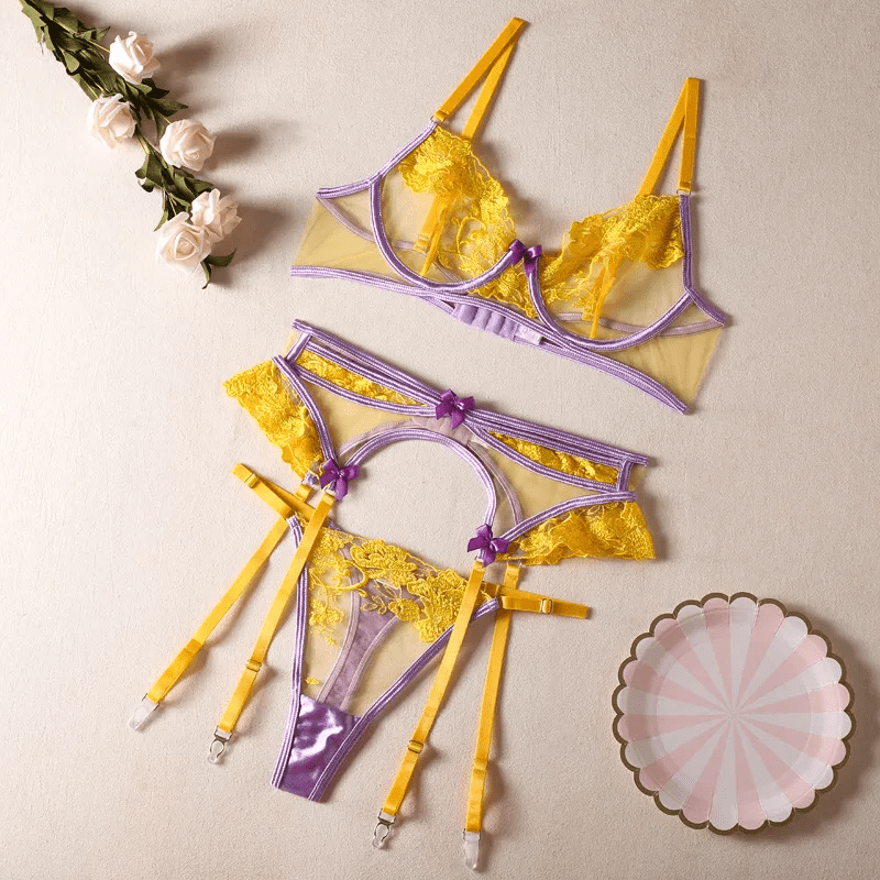 Erotic Outfit Women Sexy Perspective Floral Embroidered Bra Panties Sling Set - Lovetoys wholesales shop