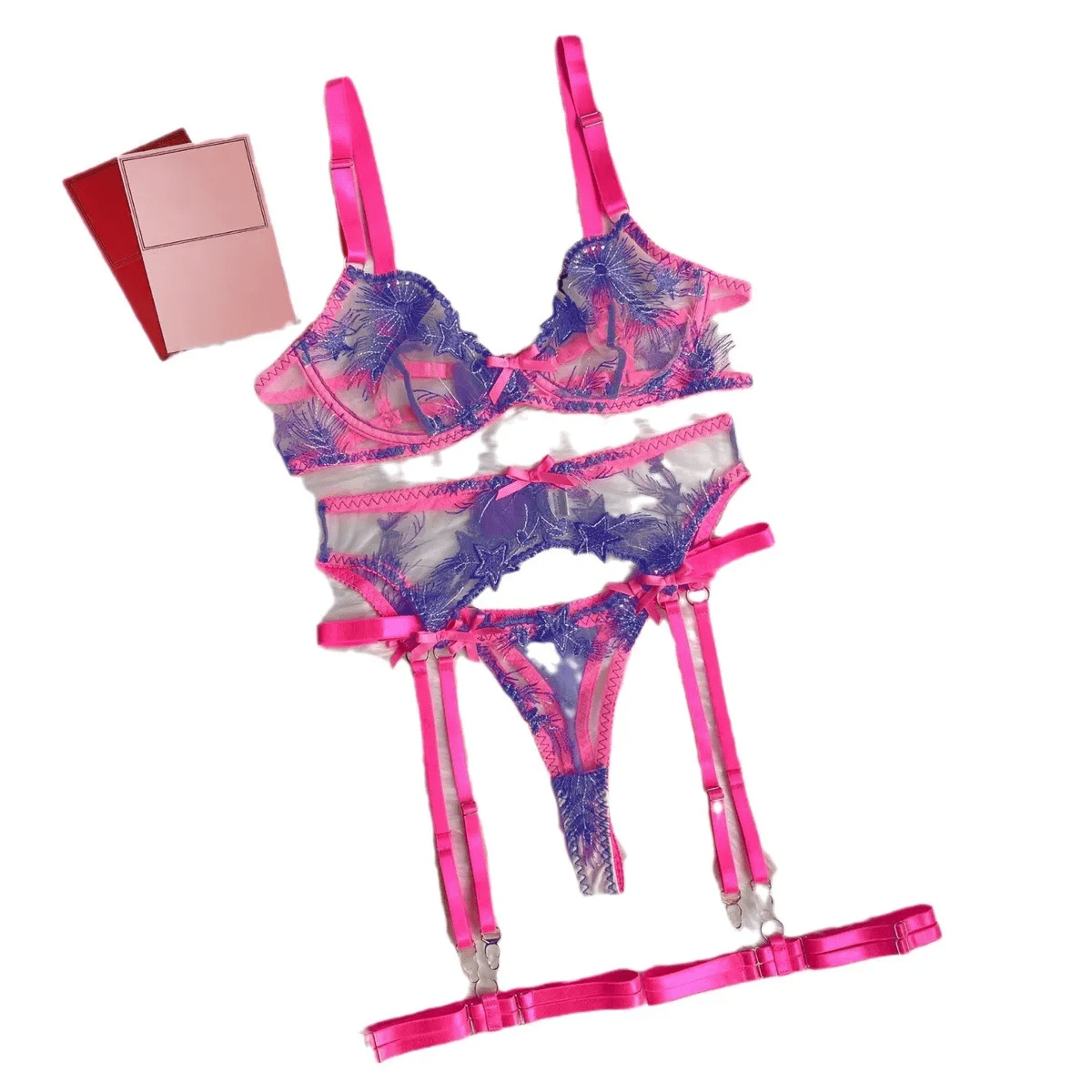 Fashion Mesh Embroidery Metal Chain Sexy Lingerie Four - Piece Set - Lovetoys wholesales shop