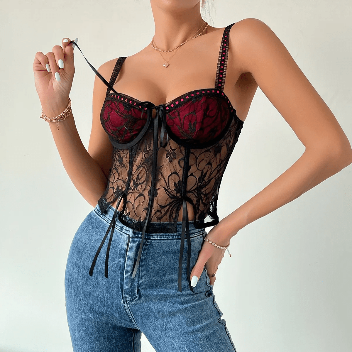 Fashion Sexy Elegant Stitching Floral Lace Steel Ring Crop Top - Lovetoys wholesales shop