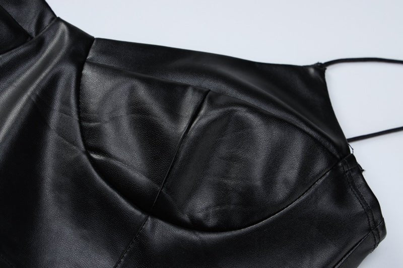 Fashion Sexy Pu Leather Spaghetti Strap Crop Top - Lovetoys wholesales shop