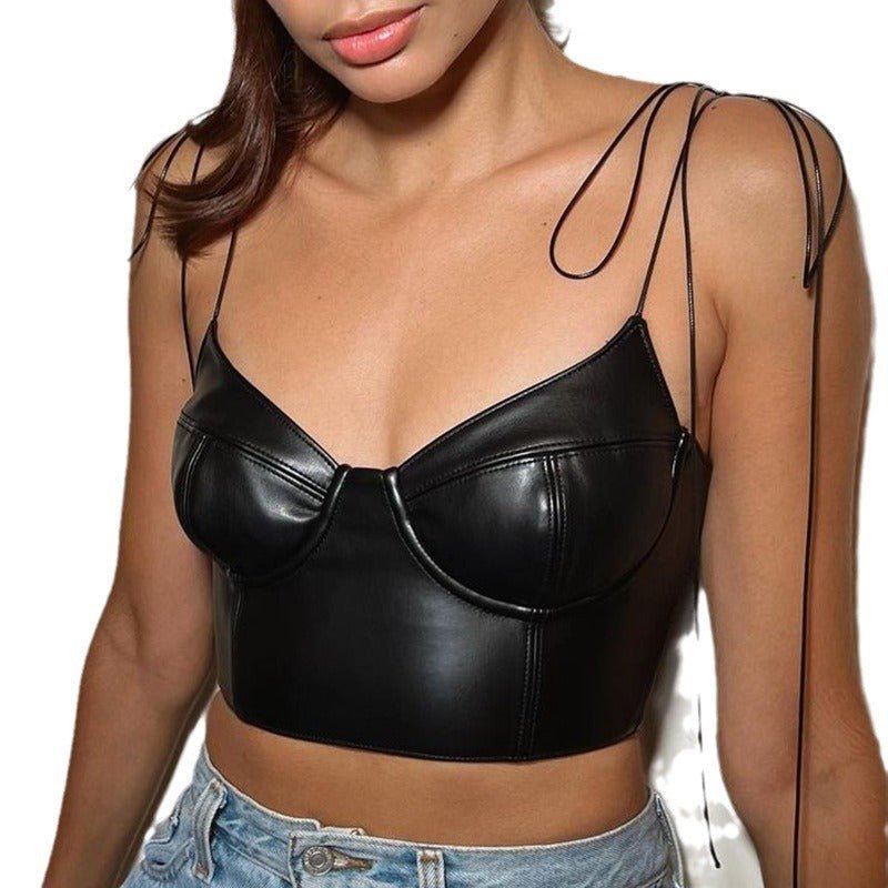 Fashion Sexy Pu Leather Spaghetti Strap Crop Top - Lovetoys wholesales shop