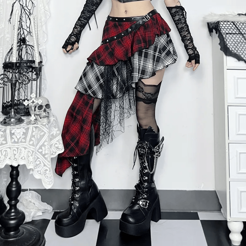 Gothic Women Fashion Plaid Printed Irregular Mesh Stitching Skirt - Lovetoys wholesales shop