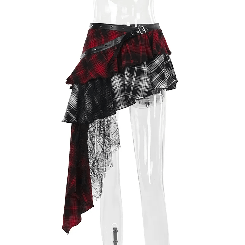 Gothic Women Fashion Plaid Printed Irregular Mesh Stitching Skirt - Lovetoys wholesales shop