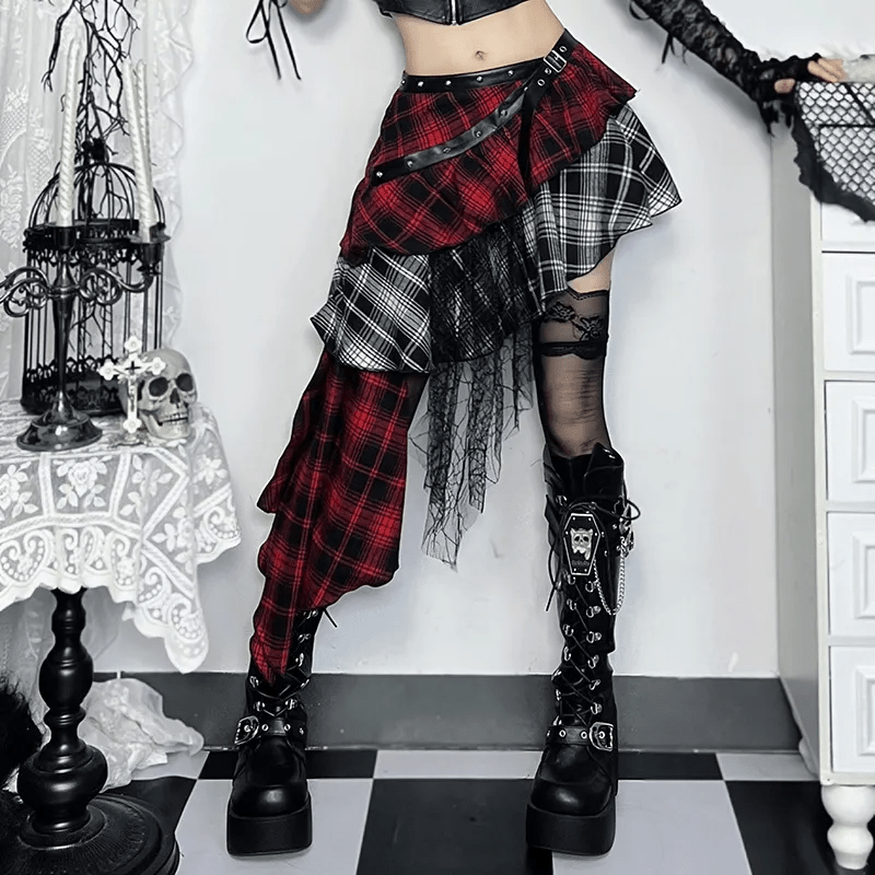 Gothic Women Fashion Plaid Printed Irregular Mesh Stitching Skirt - Lovetoys wholesales shop