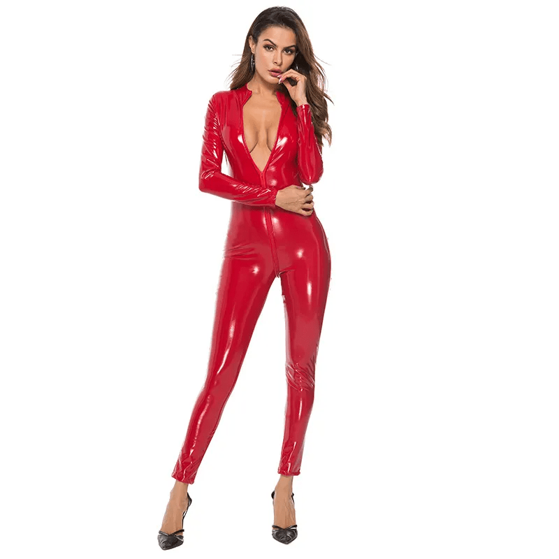 Long Sleeves Zipper Solid Color Bodycon PU Leather Jumpsuits - Lovetoys wholesales shop