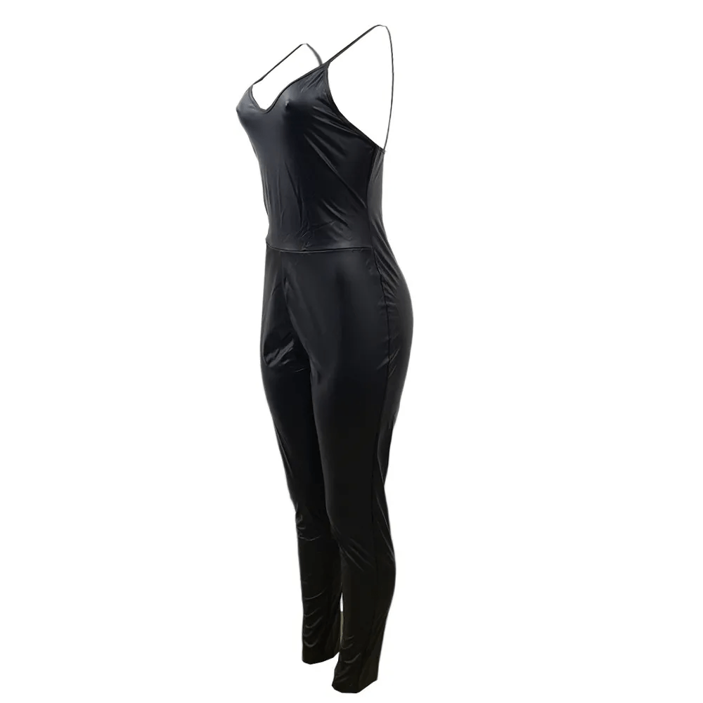 S - XL Sexy PU Leather Sleeveless Tight Sling Jumpsuits - Lovetoys wholesales shop
