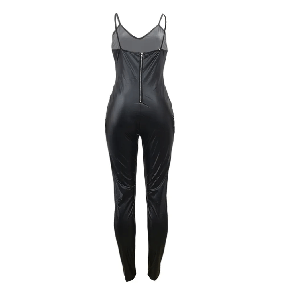 S - XL Sexy PU Leather Sleeveless Tight Sling Jumpsuits - Lovetoys wholesales shop