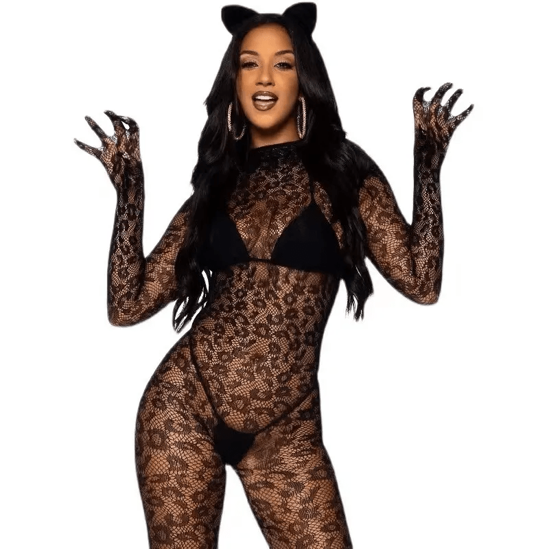 Sexy Lingerie Women Long Sleeve One - Piece Mesh Stockings Leopard See - Through Jumpsuits - Lovetoys wholesales shop
