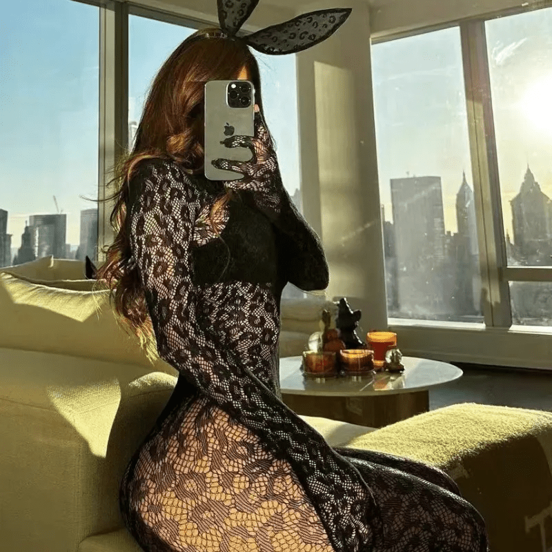 Sexy Lingerie Women Long Sleeve One - Piece Mesh Stockings Leopard See - Through Jumpsuits - Lovetoys wholesales shop