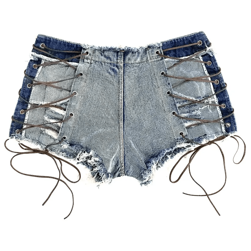 Sexy Summer Night Out Bandage Lace Up High Waist Raw Hem Denim Shorts - Lovetoys wholesales shop
