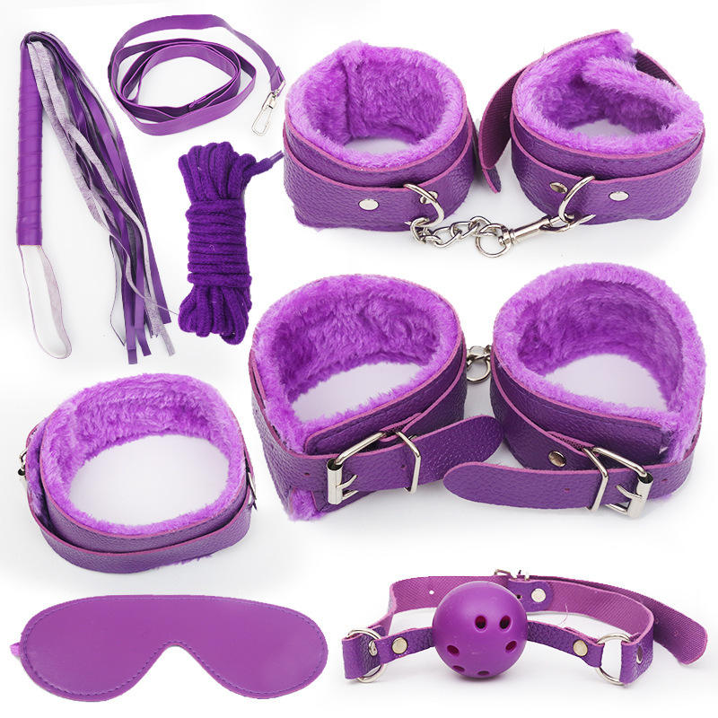 SM Bondage Set with Wrist and Ankle Restraints Whip Rope Ball Gag and Blindfold Leather Fetish Kit