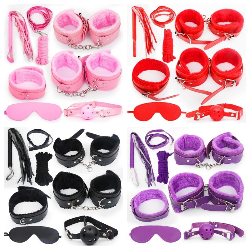 SM Bondage Set with Wrist and Ankle Restraints Whip Rope Ball Gag and Blindfold Leather Fetish Kit - Lovetoys wholesales shop