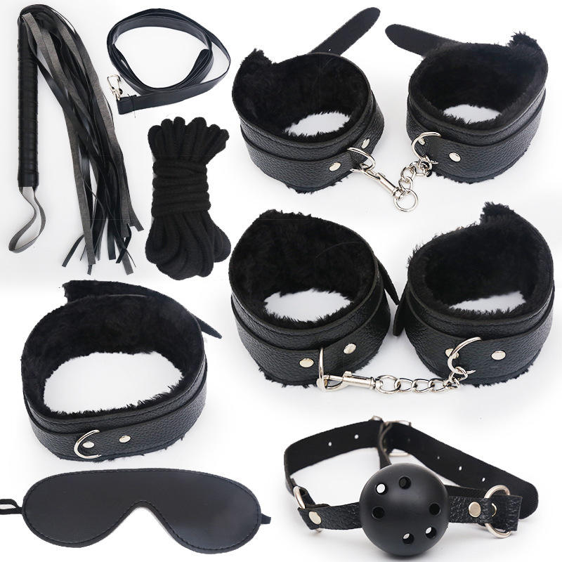 SM Bondage Set with Wrist and Ankle Restraints Whip Rope Ball Gag and Blindfold Leather Fetish Kit - Lovetoys wholesales shop