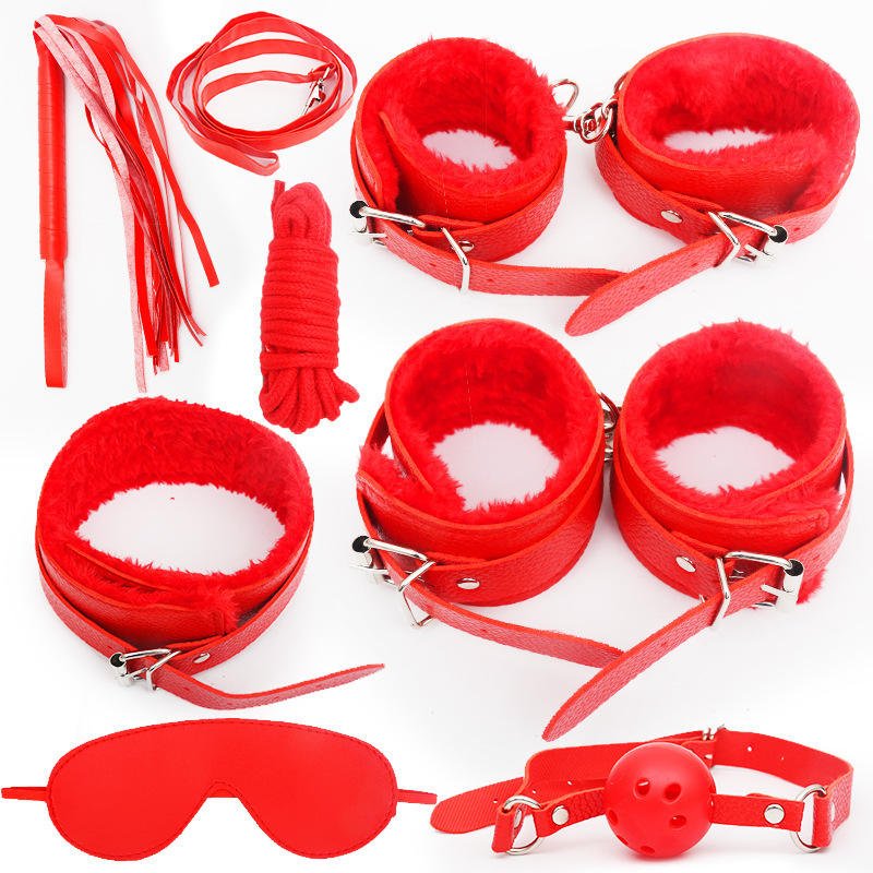 SM Bondage Set with Wrist and Ankle Restraints Whip Rope Ball Gag and Blindfold Leather Fetish Kit - Lovetoys wholesales shop