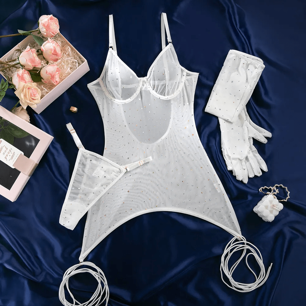 Solid Color Sequins Mesh Perspective Steel Ring Sexy Lingerie Set - Lovetoys wholesales shop