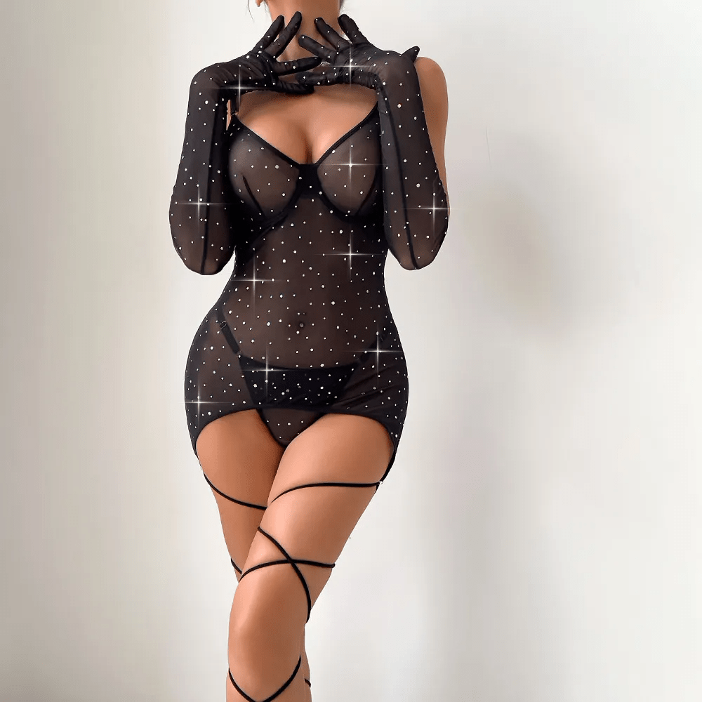 Solid Color Sequins Mesh Perspective Steel Ring Sexy Lingerie Set - Lovetoys wholesales shop