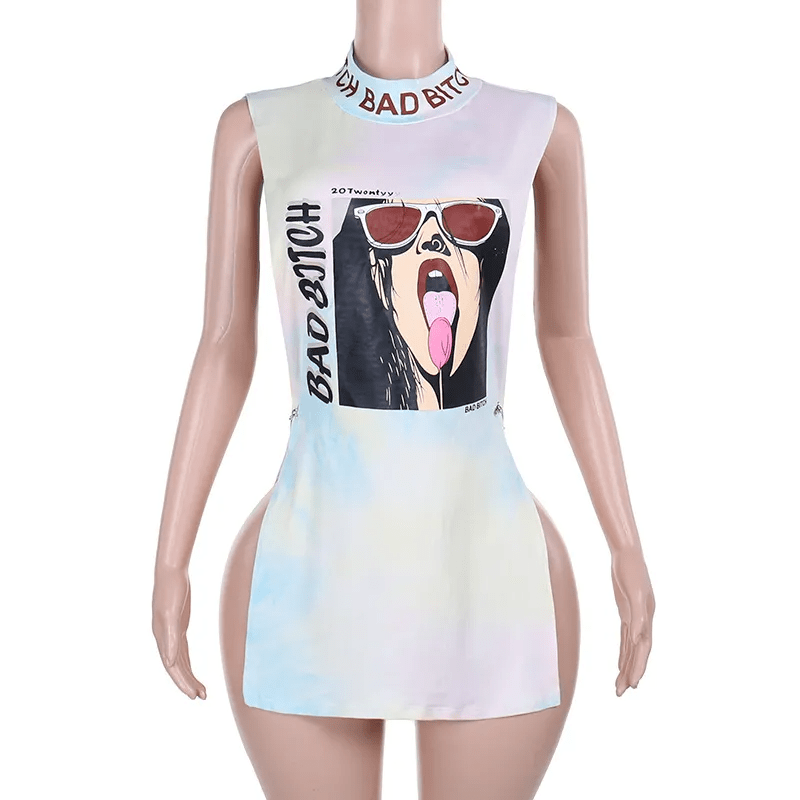 Women Half Neck Letter Graphic Printed Sexy Hollow Sleeveless T-Shirt Dress - Lovetoys wholesales shop