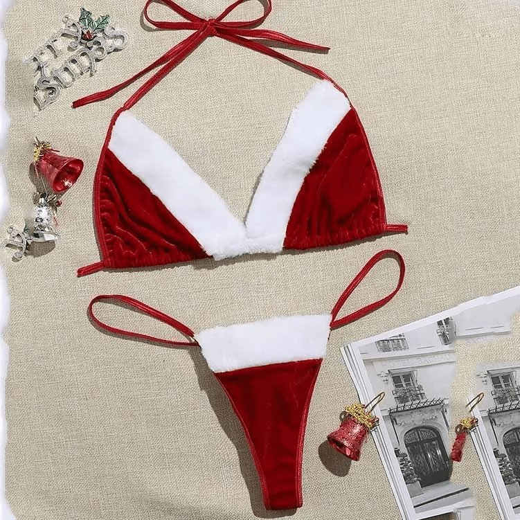 Women Sexy Christmas Halter Neck Lace - Up Bra Panty Set - Lovetoys wholesales shop
