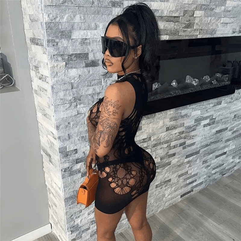Women Sexy Round Neck Mesh High Waist Tight Solid Color Tight Dress - Lovetoys wholesales shop