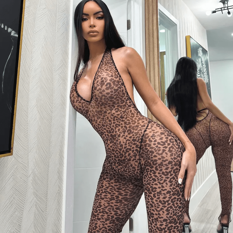 Women Summer Leopard Printed Sexy V - Neck Backless Slim Halter Neck Jumpsuits - Lovetoys wholesales shop