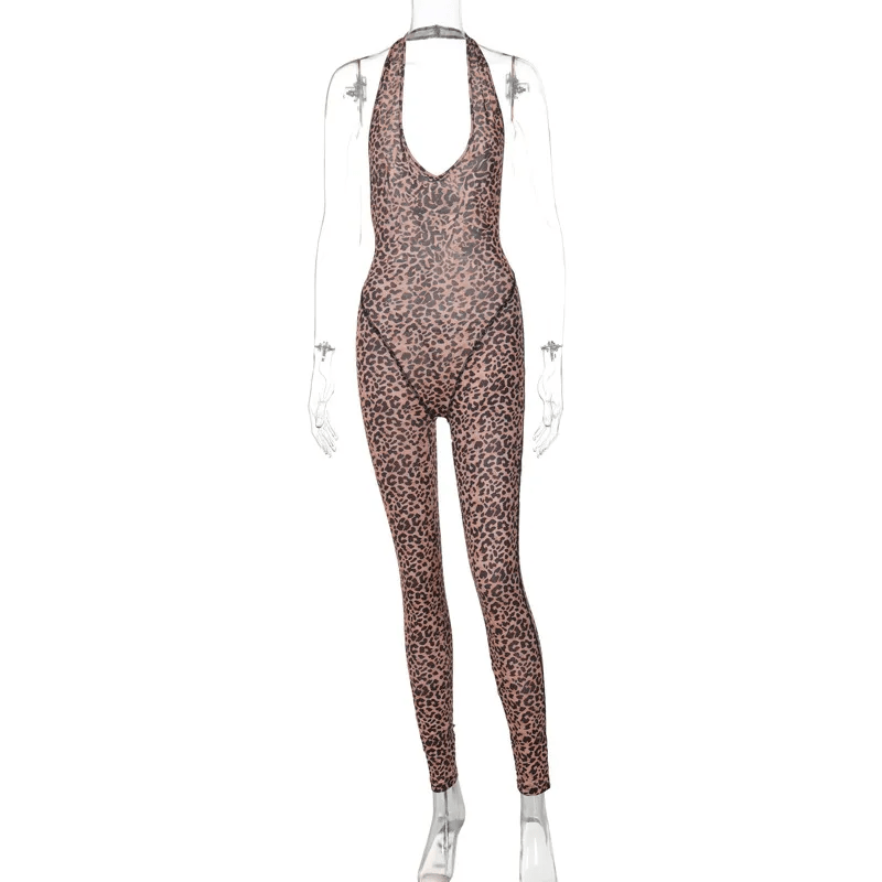 Women Summer Leopard Printed Sexy V - Neck Backless Slim Halter Neck Jumpsuits - Lovetoys wholesales shop